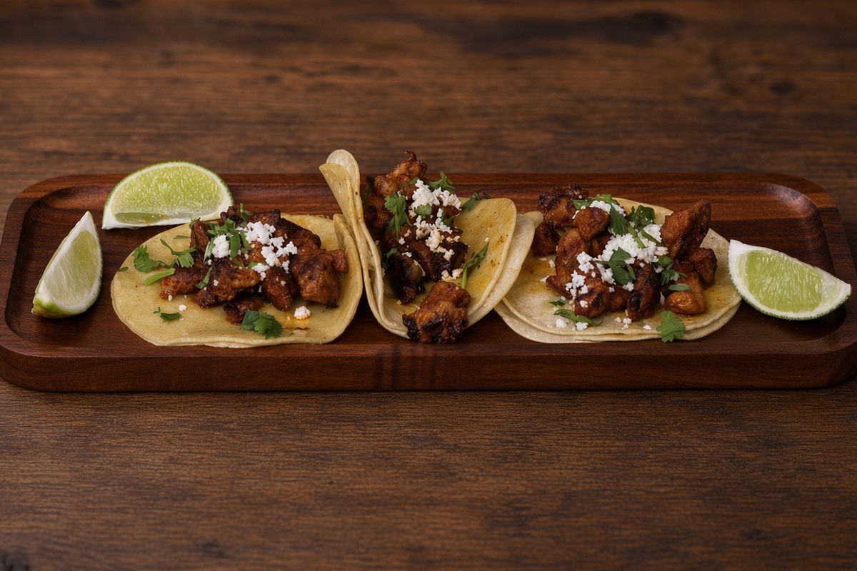 Three street tacos with lime on a wooden board